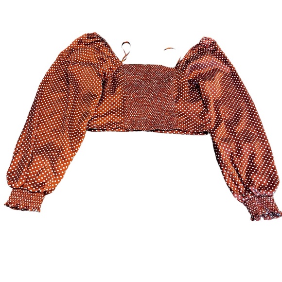 Brown polyester cropped top with white poker dots and puffy sleeves. Size Medium - Picture 2 of 4